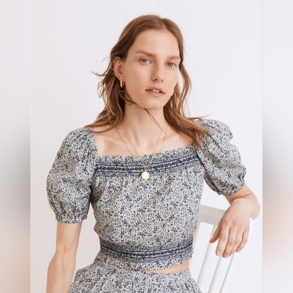 Madewell Jeanette Top in Florentine Floral In Blue Cropped Ruffle NWT Size M - Picture 3 of 14